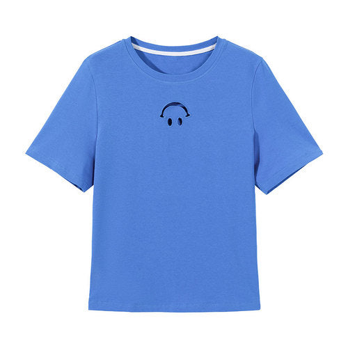 Summer new slightly fat solid color hollow inverted smiley face short-sleeved t-shirt female