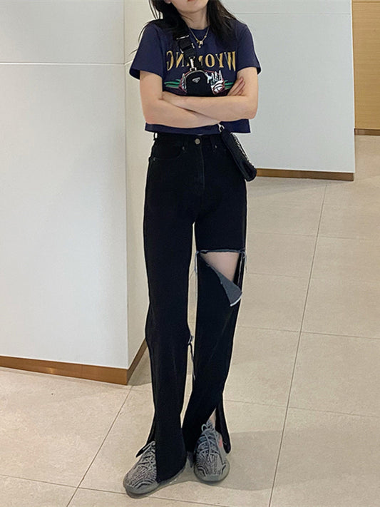 Straight jeans female 2021 new large size black open hole pants high waist skinny design sense pants tide