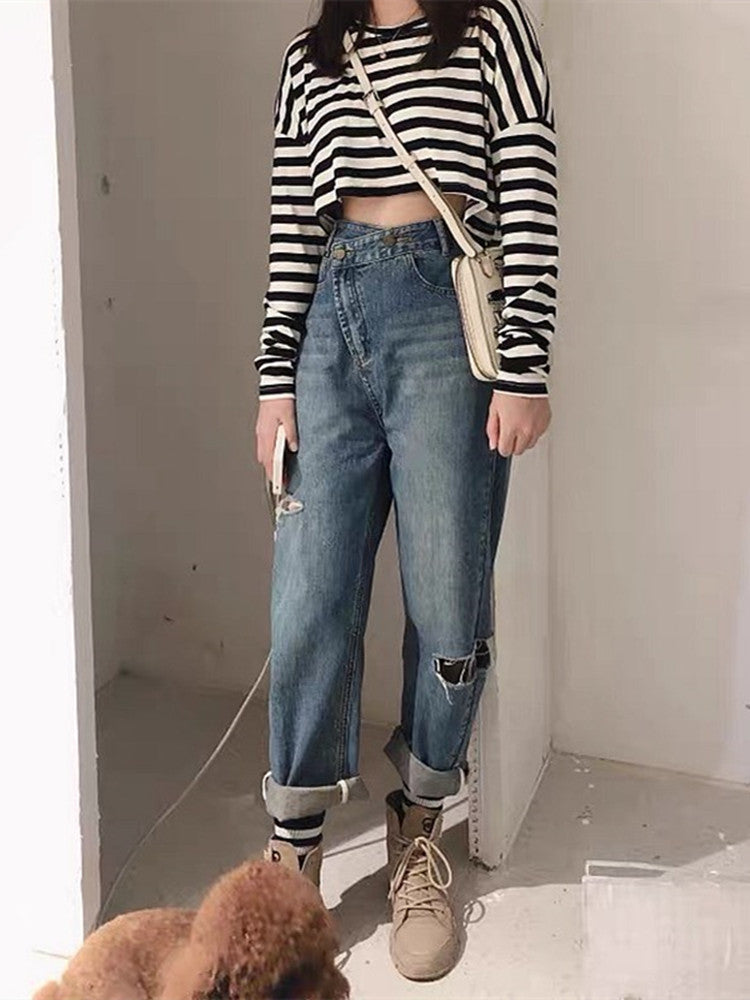 Large size broken hole jeans female 2021 new design sense high waist wide leg pants loose thin Haren pants tide