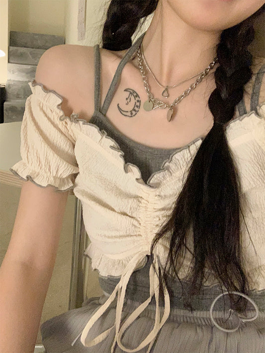 Short section tops female summer 2021 new short-sleeved t-shirt design sense niche a shoulder tops