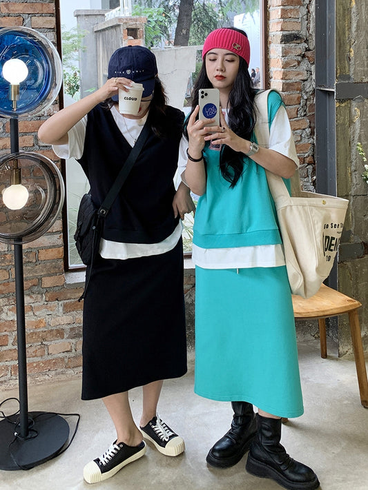 Chubby mm fake two pieces short-sleeved T-shirt + loose half-body skirt two-piece large size women's fried street aging suit