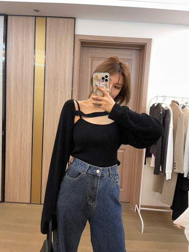Custom 2021 fall new popular ins wind thin fashion suspenders knitted wool suit + skirt