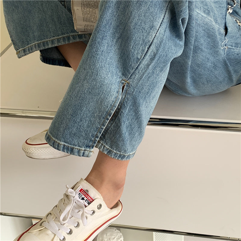 Broken jeans female side fork loose thin high waist large size summer 2021 new Hyunya wind wide leg pants