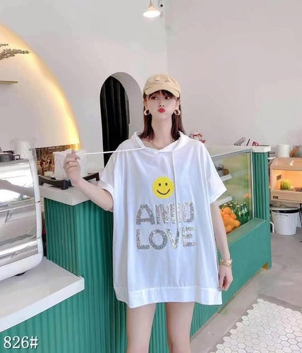 Large white body t-shirt female fat 110 kg long paragraph loose Korean version of large size hooded spring and summer half-sleeve cotton tops 8