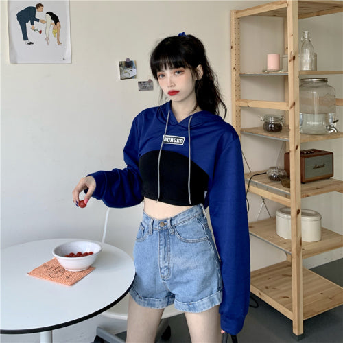 Ultra short long-sleeved t-shirt female Korean version loose hip-hop letter print high waist jazz hip-hop shirt thin section Successful activity