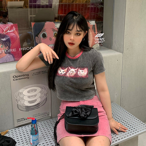 Microfat 2021 summer new heavy washed fabric large yards short section cat short-sleeved T-shirt women