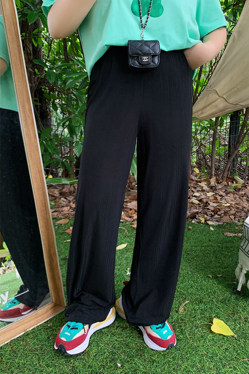 Summer wide-legged pants elastic waist black drop sense straight thin casual pants