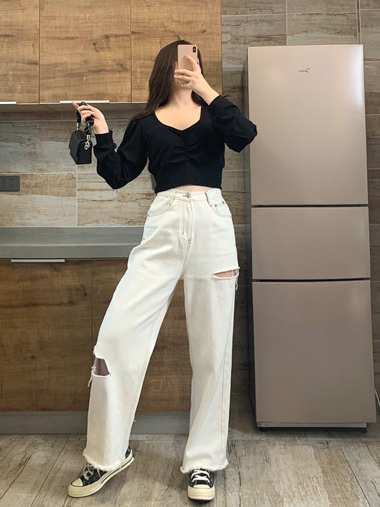 2020 fall new white hole design sense jeans straight loose high waist wide leg pants thin tide