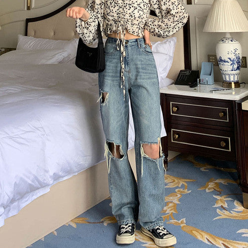 Holes jeans female 2021 new large size straight loose wide leg pants crotch thigh thick thin beggar pants