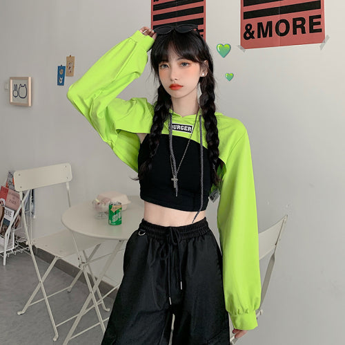 Ultra short long-sleeved t-shirt female Korean version loose hip-hop letter print high waist jazz hip-hop shirt thin section Successful activity