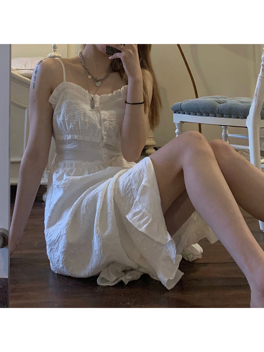 White suspender skirt female spring/summer 2021 new French split dress girl