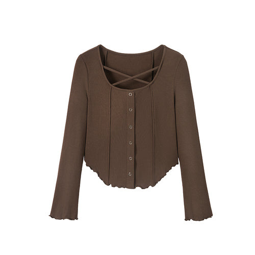 Slightly fat thin fleece knit sweater cross tie stretch inner wear thin tops