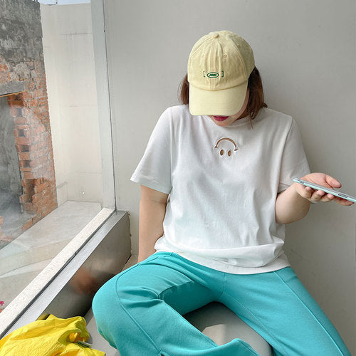 Summer new slightly fat solid color hollow inverted smiley face short-sleeved t-shirt female
