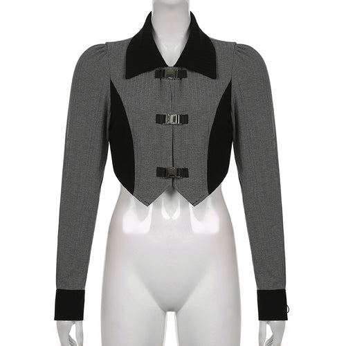 Design sense metal buckle bubble sleeve lapel tops female Slim Slim irregular short section jacket