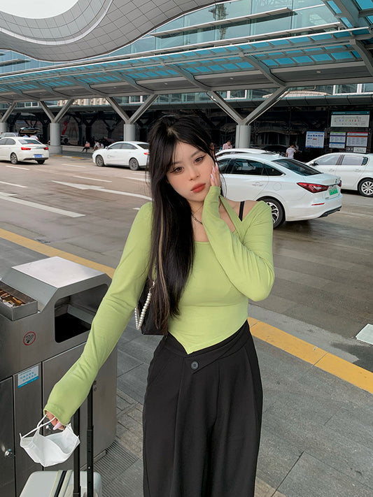 Long-sleeved t-shirt early autumn Korean design sense spicy girl hanging neck strapless pure desire bottoming tops female
