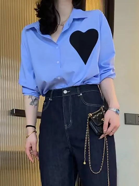 Design sense stitching love patch long-sleeved shirt female spring lean and versatile tops