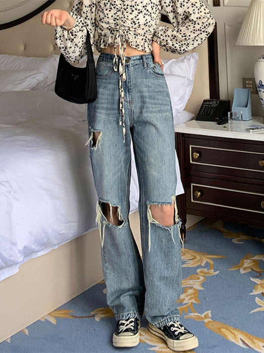 Holes jeans female 2021 new large size straight loose wide leg pants crotch thigh thick thin beggar pants