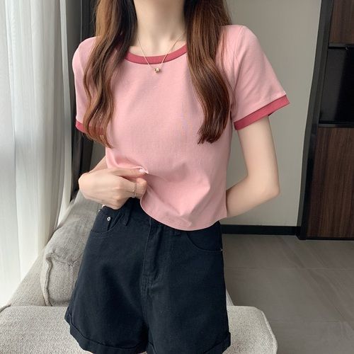 Collision Color Round Neck Short-sleeved T-shirt Female 2023 New Summer Bottoming Shirt Korean Version of The Slim Short Student Tops Tide