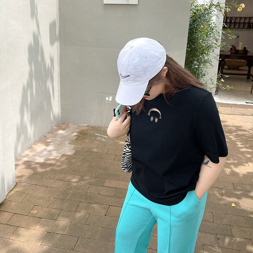 Summer new slightly fat solid color hollow inverted smiley face short-sleeved t-shirt female