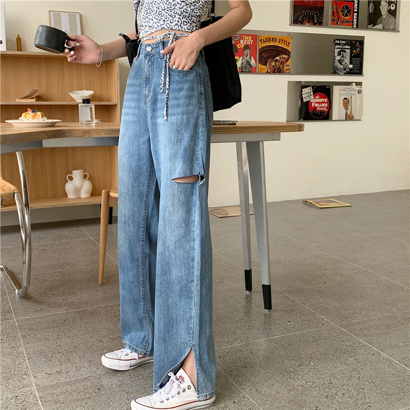 Broken jeans female side fork loose thin high waist large size summer 2021 new Hyunya wind wide leg pants