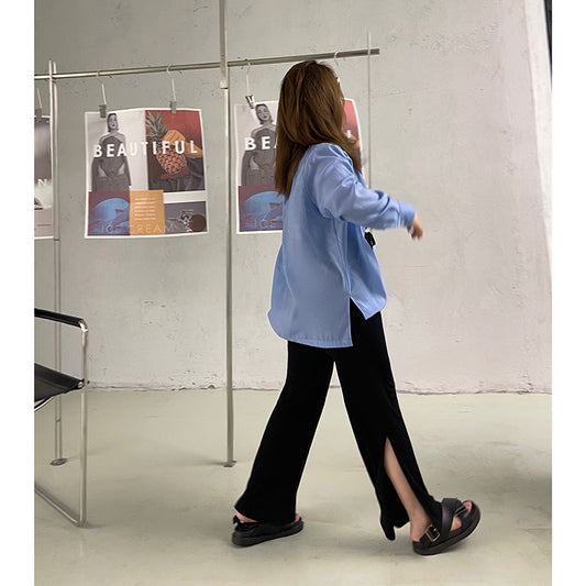 Summer black slim design sense side split drawstring straight casual pants