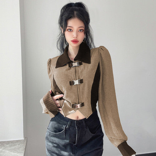 Design sense metal buckle bubble sleeve lapel tops female Slim Slim irregular short section jacket