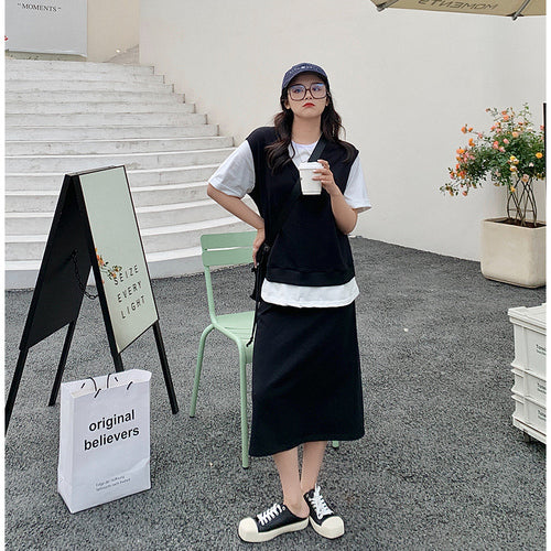 Chubby mm fake two pieces short-sleeved T-shirt + loose half-body skirt two-piece large size women's fried street aging suit
