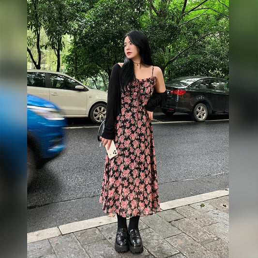 Fashion two-piece female black knitted cardigan camisole floral dress