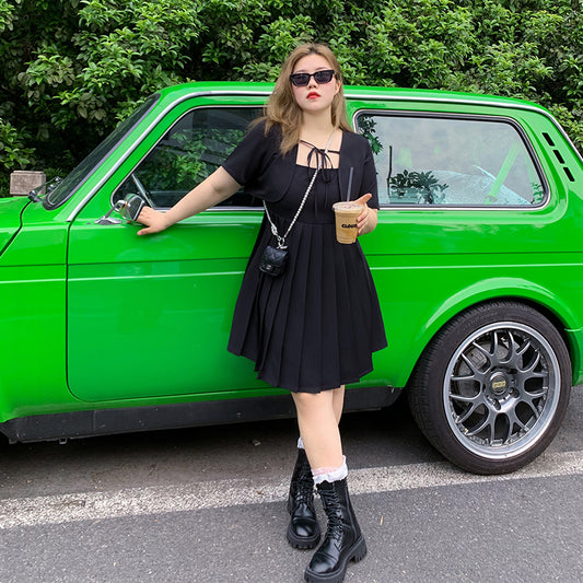 Slightly fat mm black shawl small jacket pleated dresses female two-piece