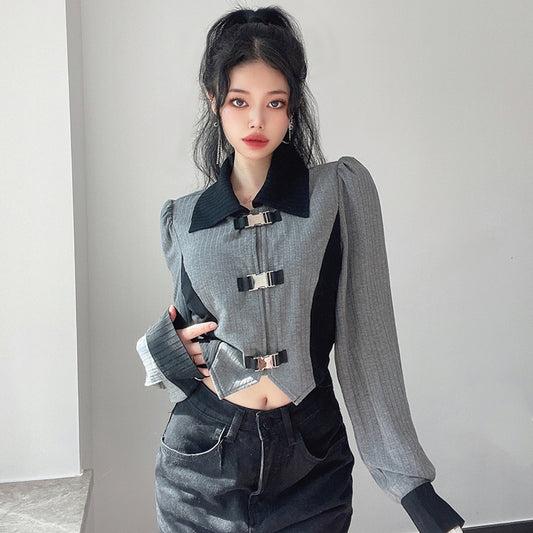 Design sense metal buckle bubble sleeve lapel tops female Slim Slim irregular short section jacket