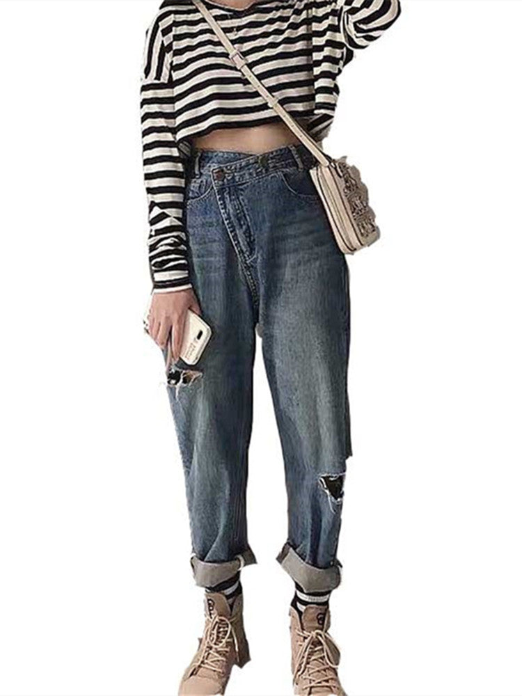 Large size broken hole jeans female 2021 new design sense high waist wide leg pants loose thin Haren pants tide