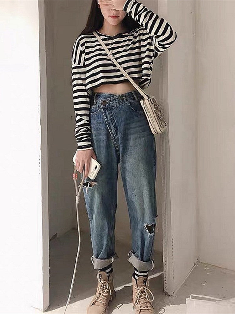 Large size broken hole jeans female 2021 new design sense high waist wide leg pants loose thin Haren pants tide