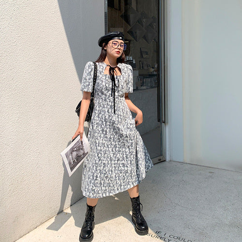 Slightly fat beauty print lace dresses female long and short paragraph summer large yards loose cover meat temperament fairy dress