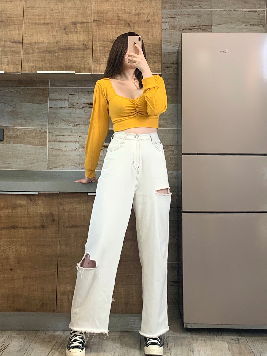 2020 fall new white hole design sense jeans straight loose high waist wide leg pants thin tide