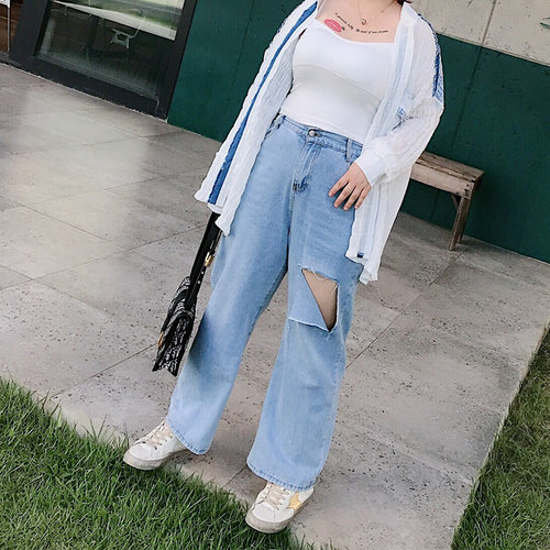 Large size custom high waist wide leg hole dragging denim pants loose old dad pants fat mm female 200 pounds
