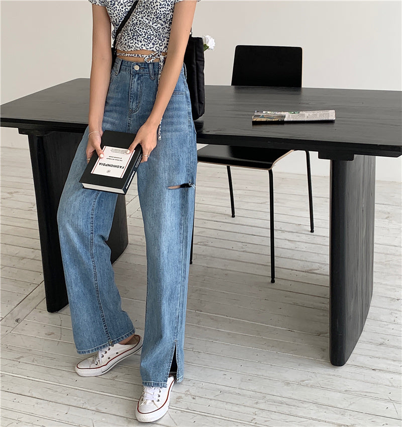 Broken jeans female side fork loose thin high waist large size summer 2021 new Hyunya wind wide leg pants