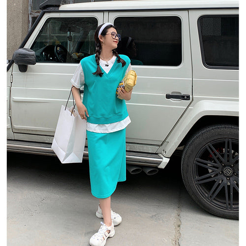 Chubby mm fake two pieces short-sleeved T-shirt + loose half-body skirt two-piece large size women's fried street aging suit