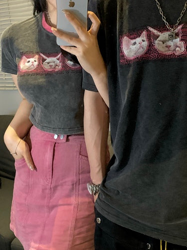 Microfat 2021 summer new heavy washed fabric large yards short section cat short-sleeved T-shirt women