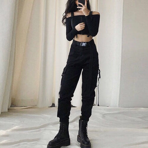 Autumn 2020 Fashion Women Pants Cargo High Waist Chains Trousers Joggers Ladies Hip Hop Solid Loose Spring Streetwear Female