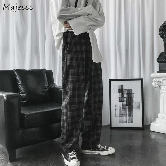 Casual Pants Men Plaid Loose Wide Leg Trousers Mens Simple Chic Korean Style All-match Ins Trendy Streetwear Harajuku Ulzzang