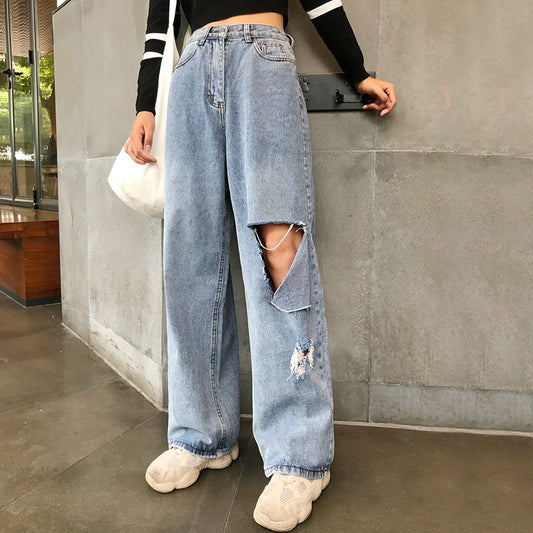 Woman Jeans High Waist Ripped Jeans big size 2020 Clothes Wide Leg Denim hole Blue Streetwear Fashion Vintage loose Pants KZ169