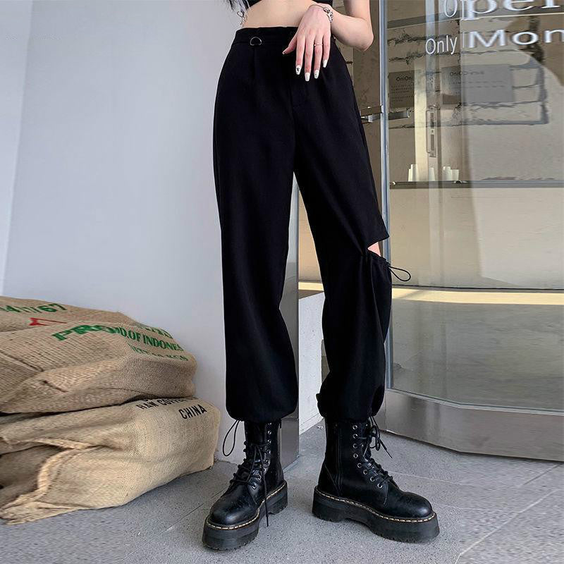 Cargo Pants Women Chic Harajuku Holes Design Black Trendy High Street Teens Streetwear Summer All-match Casual Ladies Trousers