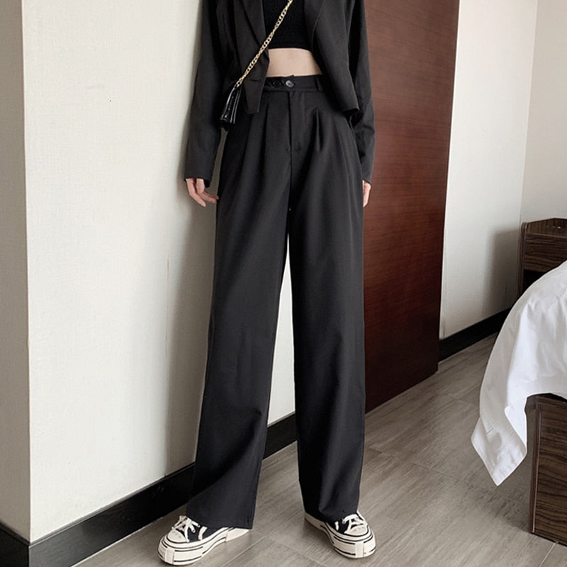 Trouser For Women High Waist Causal Loose Wide Leg Pants Female 2019 Spring Autumn Korean Fashion Elegant Black Gray Trousers