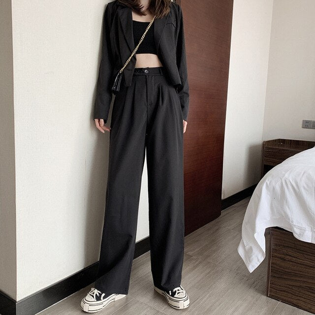 Trouser For Women High Waist Causal Loose Wide Leg Pants Female 2019 Spring Autumn Korean Fashion Elegant Black Gray Trousers