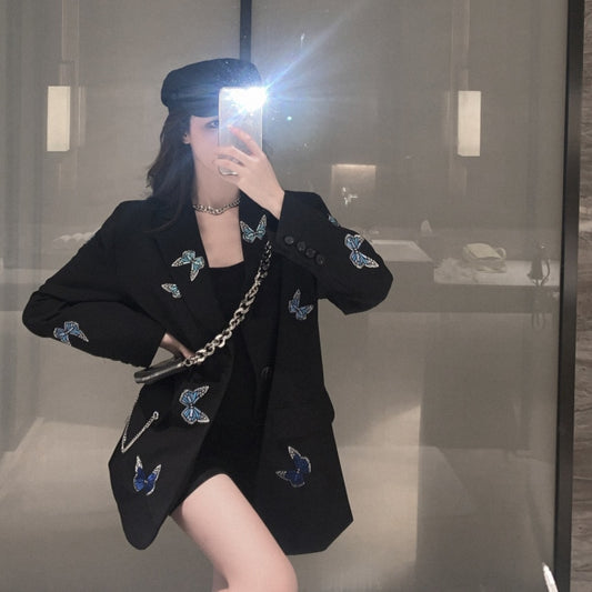 2020 Butterfly Embroidery Suit Coat Women's Spring Autumn New Vintage Loose Oversize Short Jacket Long Sleeve Korean Blazer Feminino