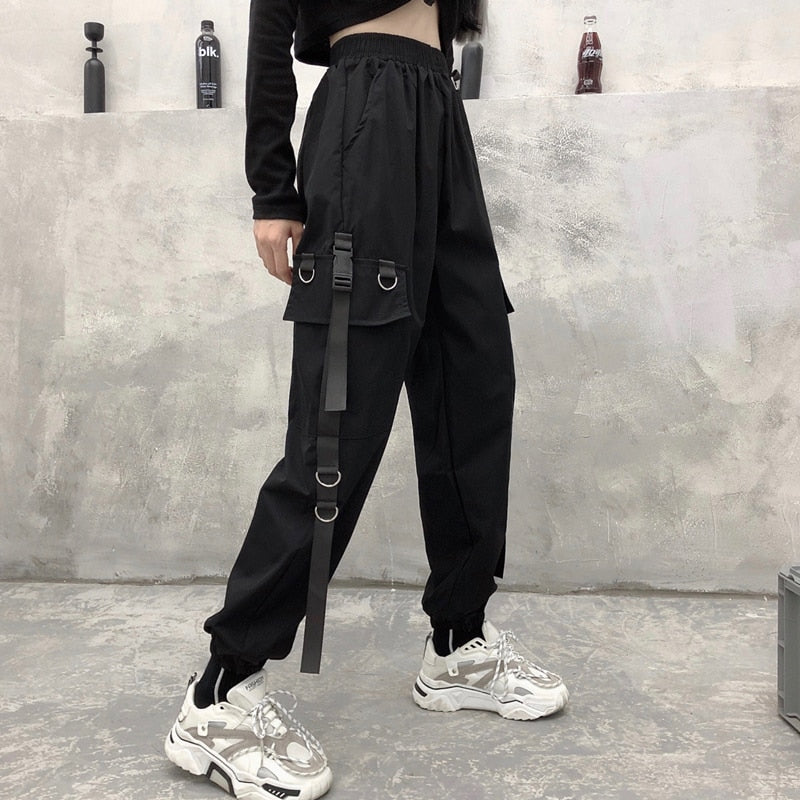 HOUZHOU Cargo Pants Women Korean Style Black Punk Pants for Women Chain Trousers Fashion Thin Pockets Sweat Pants Joggers Women