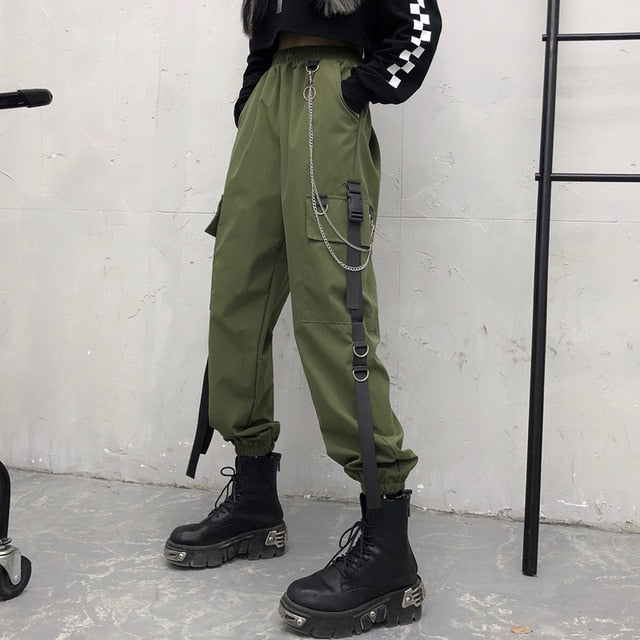 HOUZHOU Cargo Pants Women Korean Style Black Punk Pants for Women Chain Trousers Fashion Thin Pockets Sweat Pants Joggers Women