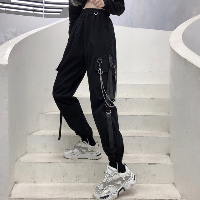 HOUZHOU Cargo Pants Women Korean Style Black Punk Pants for Women Chain Trousers Fashion Thin Pockets Sweat Pants Joggers Women