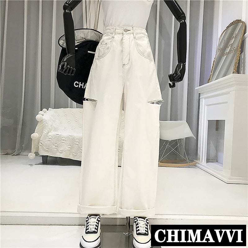 High-Waisted Straight Casual Pants Female 2020 Summer New Women Loose Ripped Denim Long Pants White Jeans