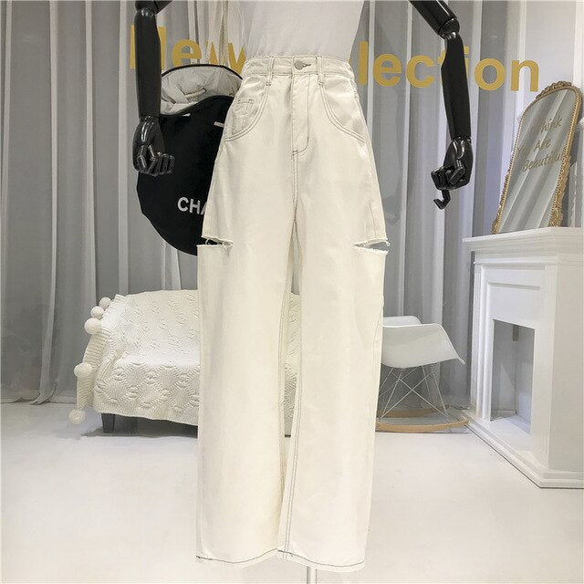 High-Waisted Straight Casual Pants Female 2020 Summer New Women Loose Ripped Denim Long Pants White Jeans